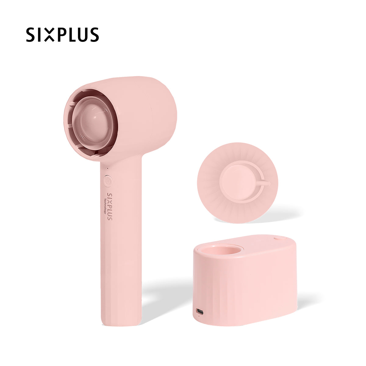 SIXPLUSのハンディー/デスクトップファン、充電ポートUSBファン、首振り機能付き。コンパクトでポータブル（ホワイト）（ピンク）